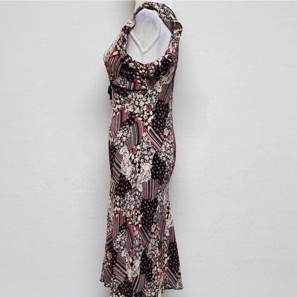 90s Vintage Her Style Floral Striped Faux Patchwork Butterfly Sleeve Midi Dress - Picture 8 of 16